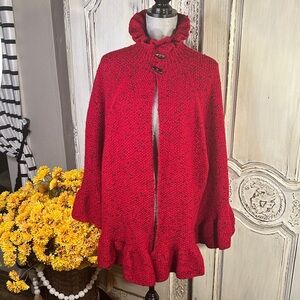 Lovely Handcrafted Red Knitted Cape With High Neck Ruffle Cottage, Victorian